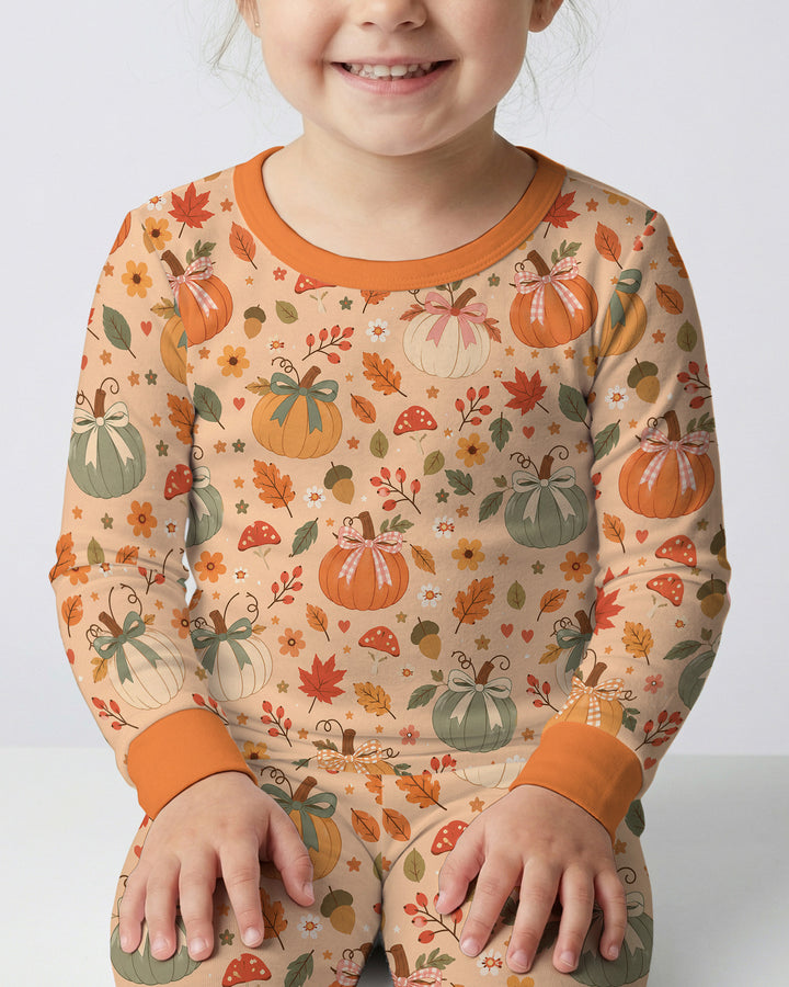 Pastel Pumpkin Bow Fall Bamboo Two Piece Long Sleeve Pajama Set