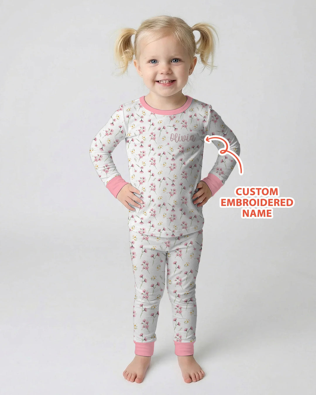 Custom Embroidered Name Floral Whispers Bamboo Two Piece Long Sleeve Pajama Set