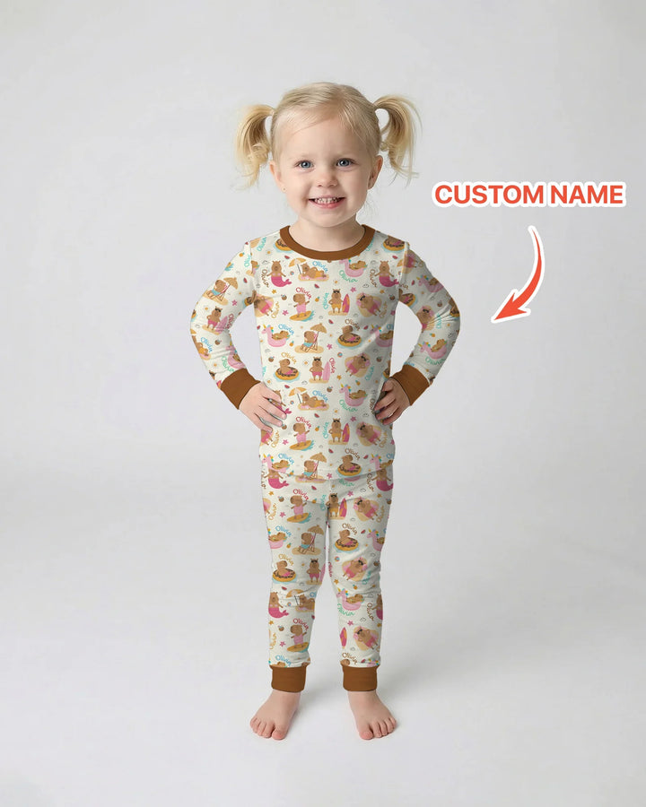 Don't Worry, Be Capy Custom Name Bamboo Two Piece Long Sleeve Pajama Set