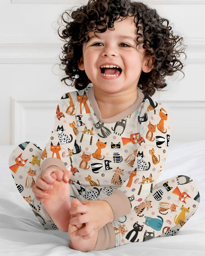 Goofy Mischief Cat Family Matching Bamboo Two Piece Long Sleeve Pajama Set