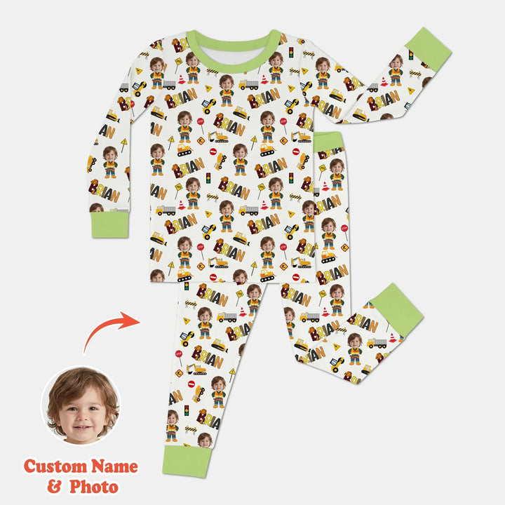Custom Photo Doodle Little Builder Bamboo Two Piece Long Sleeve Pajama Set