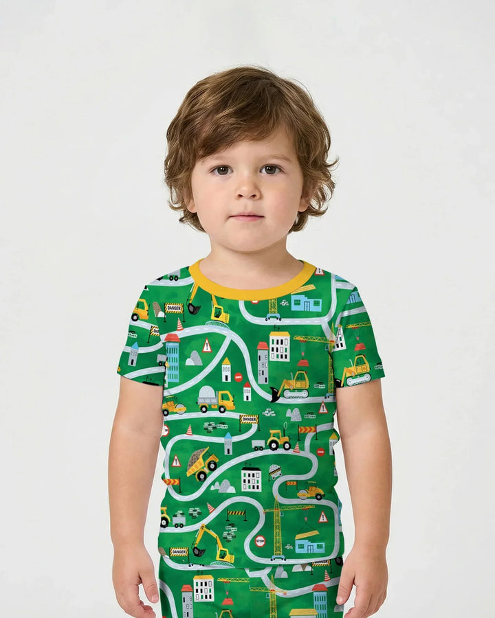 Little Builder Construction Zone Bamboo Two Piece Short Sleeve Shorts Pajama Set