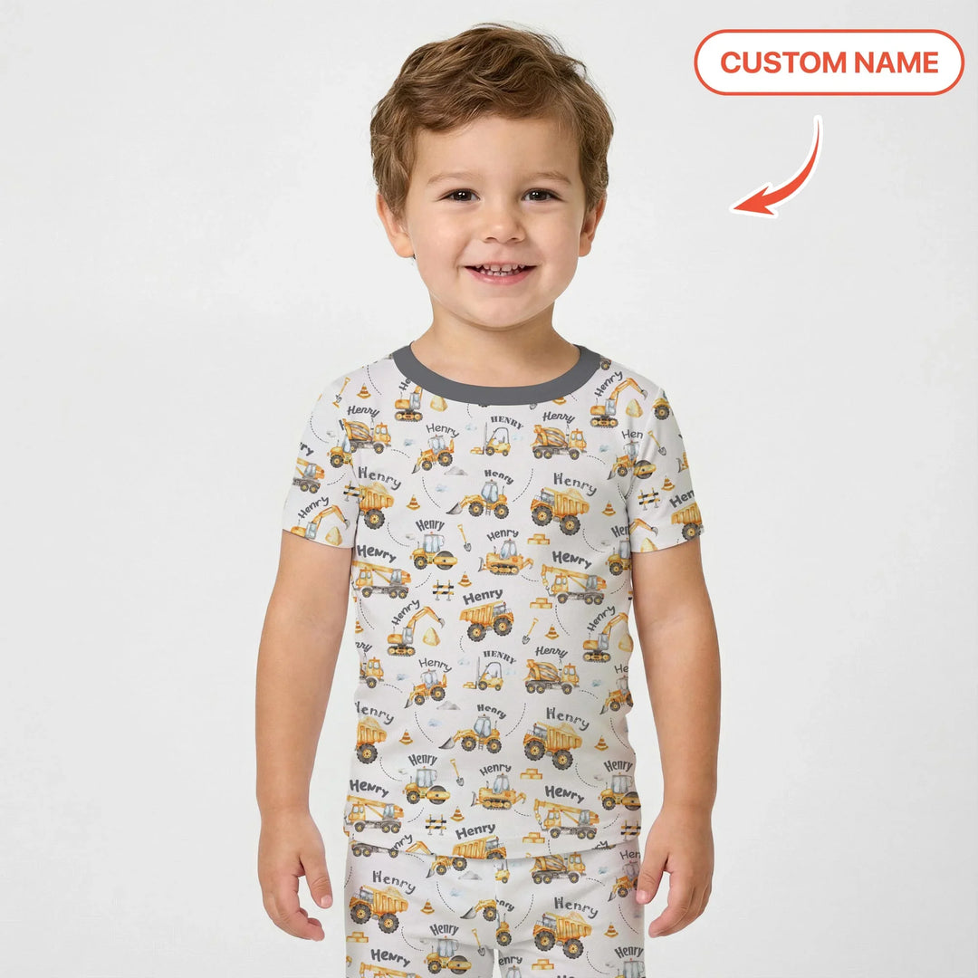 Constructions Machines Custom Name Bamboo Two Piece Short Sleeve Pajama Set