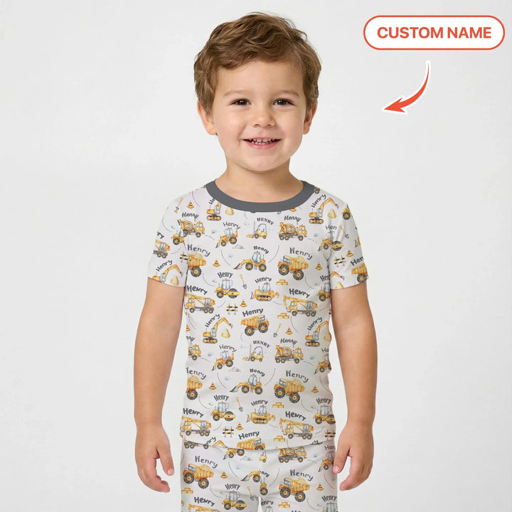 Constructions Machines Custom Name Bamboo Two Piece Short Sleeve Pajama Set