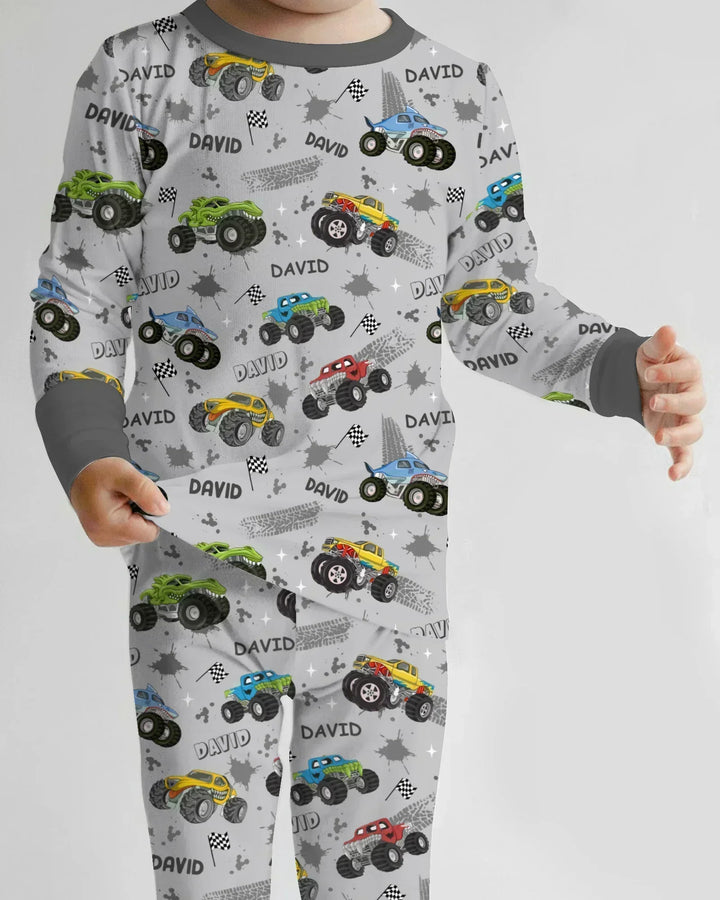 Monster Truck Dirt Jam Custom Name Daddy & Me Matching Bamboo Two Piece Long Sleeve Pajama Set