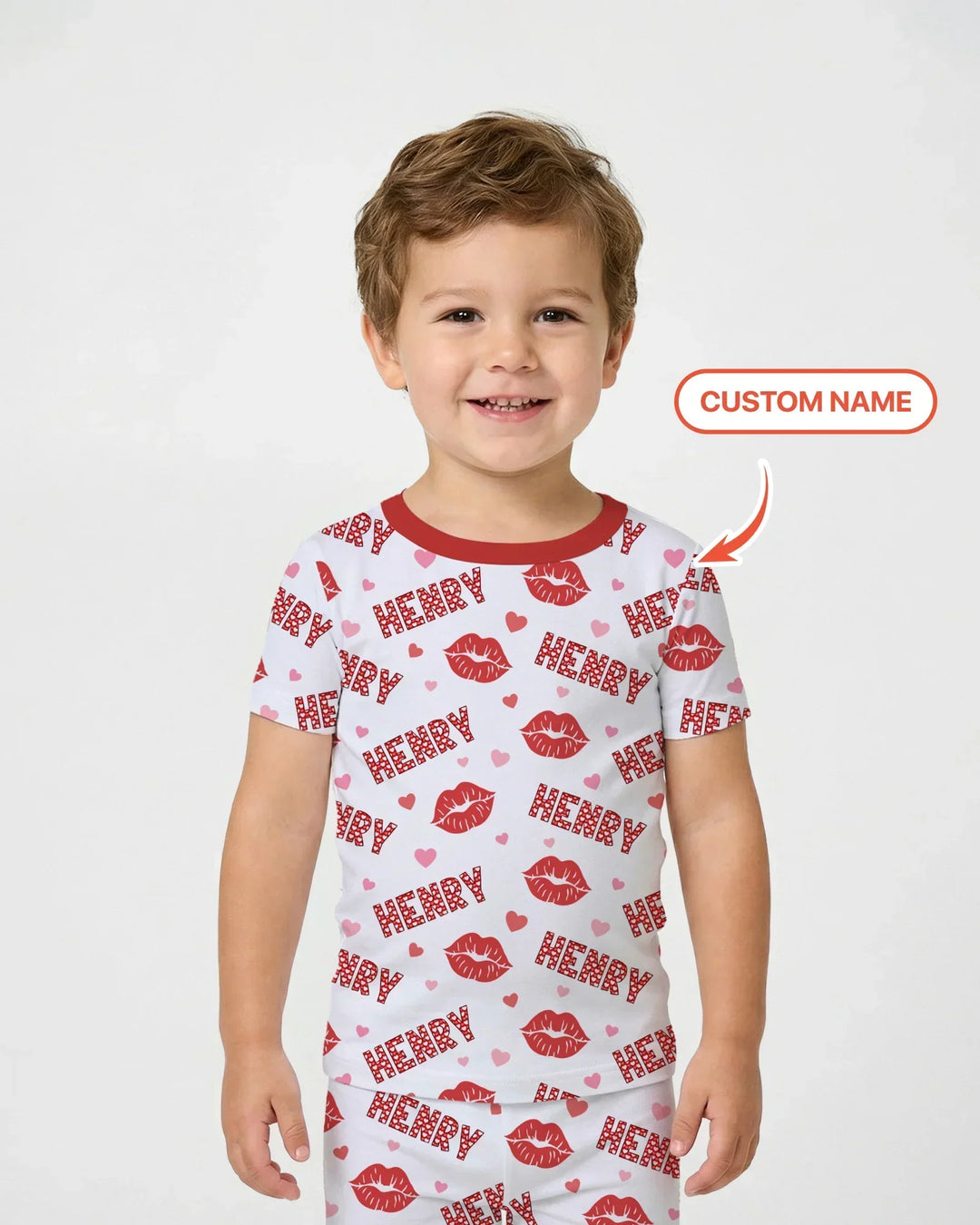 Custom Name Valentine Kiss Bamboo Two Piece Short Sleeve Pajama Set