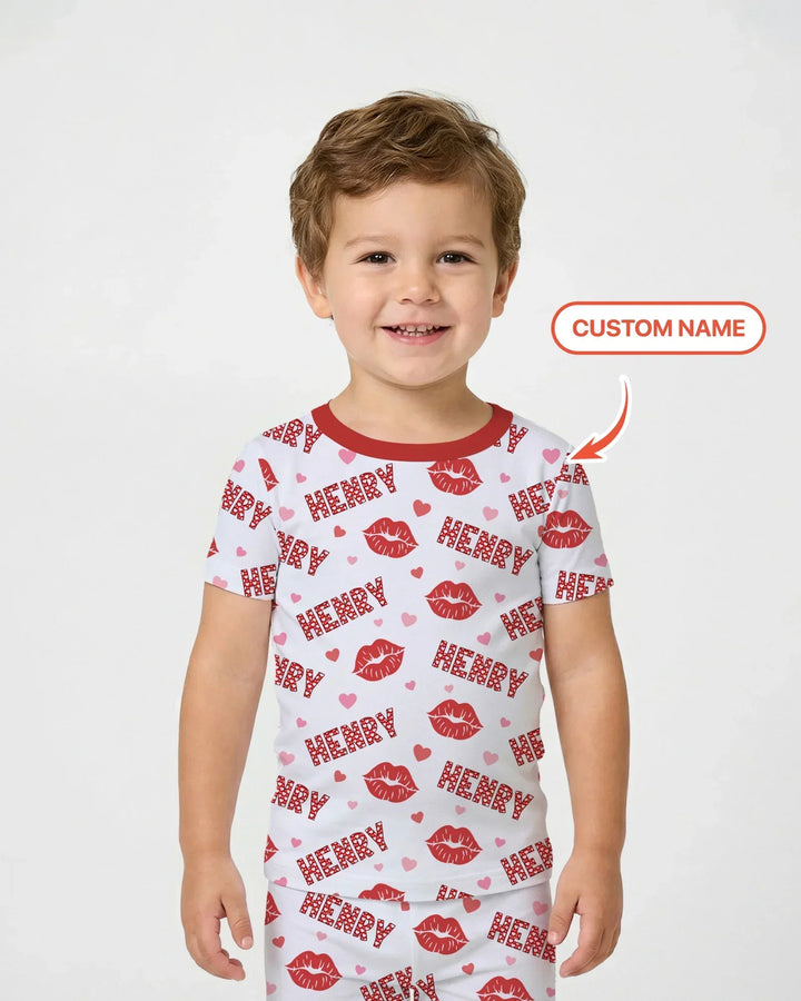 Custom Name Valentine Kiss Bamboo Two Piece Short Sleeve Pajama Set
