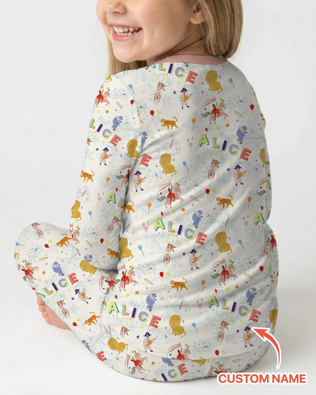 Custom Name Circus Toile Bamboo Two Piece Long Sleeve Pajama Set