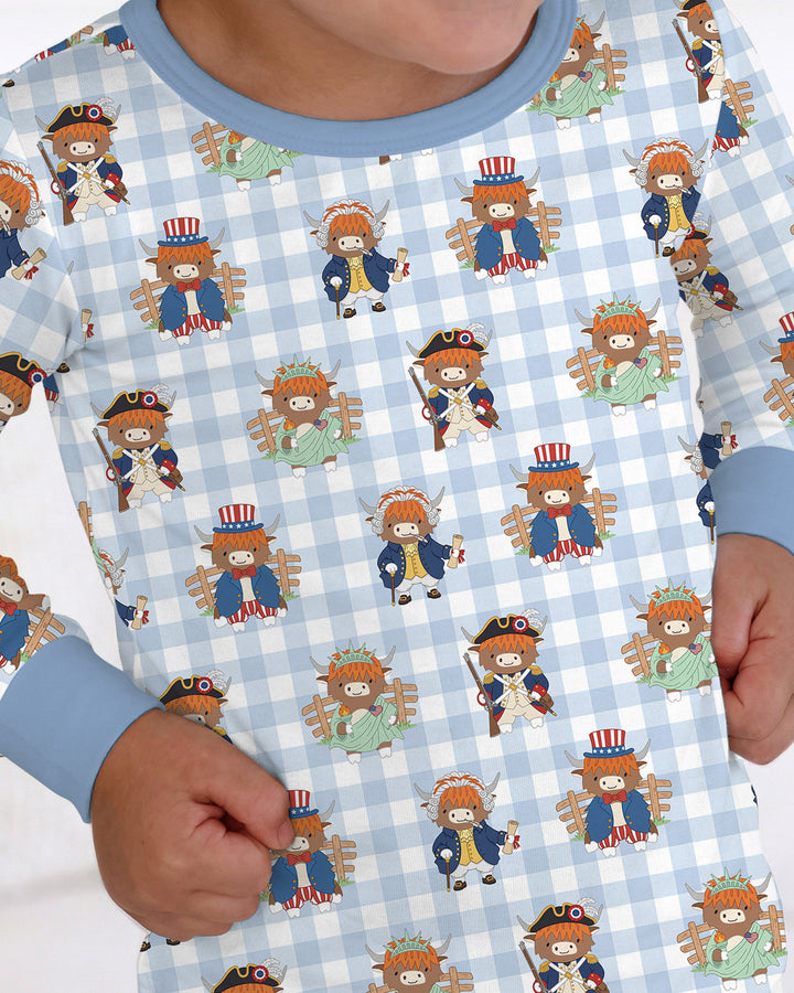 Patriotic 4th of July Highland Cow Bamboo Two Piece Long Sleeve Pajama Set