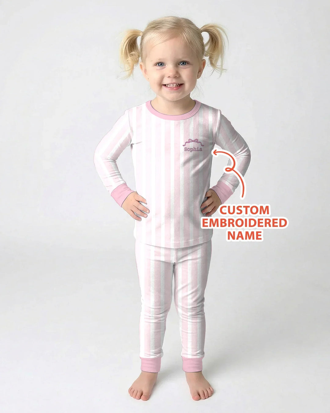 Personalized Embroidered Pink Stripes Baby Bamboo Two Piece Long Sleeve Pajama Set