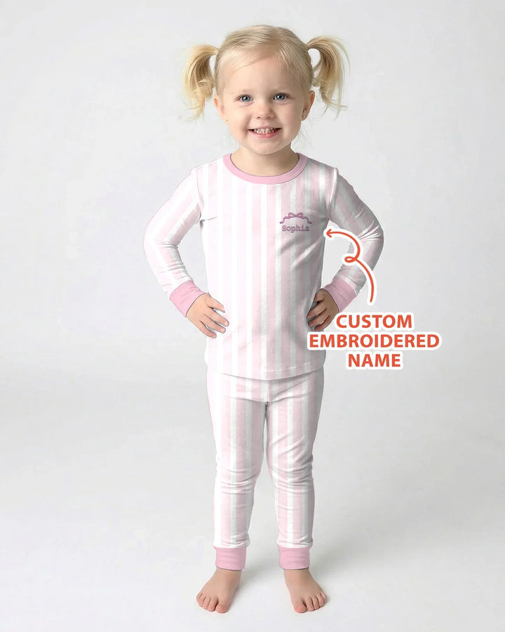 Personalized Embroidered Pink Stripes Baby Bamboo Two Piece Long Sleeve Pajama Set