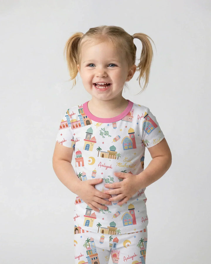 Eid Mubarak Custom Name Bamboo Two Piece Short Sleeve Pajama Set