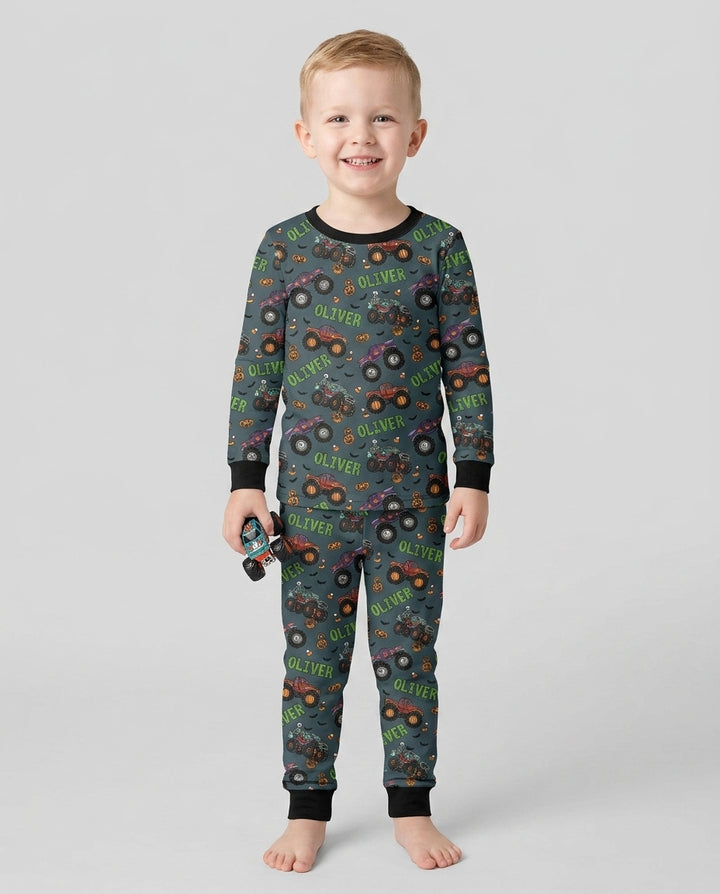 Custom Name Haunted Monster Trucks  Bamboo Two Piece Long Sleeve Pajama Set