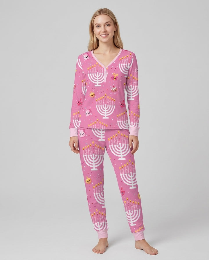 Custom Name Hannukkah Menorah Family Matching Bamboo Women Pajama Set
