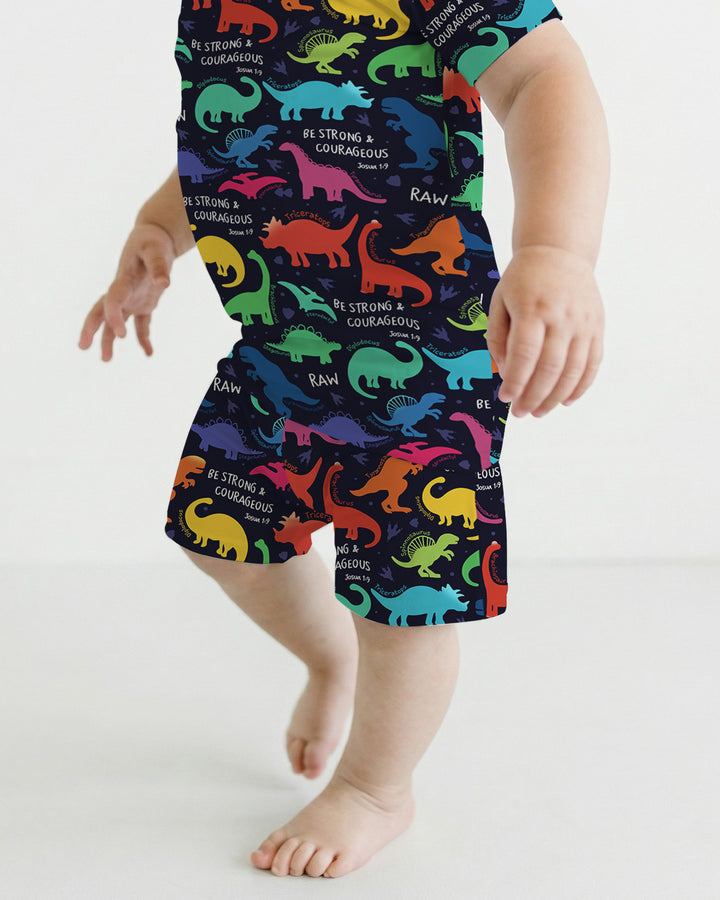 Be Strong and Courageous Dinosaur Christian Bamboo Two Piece Short Sleeve Shorts Pajama Set