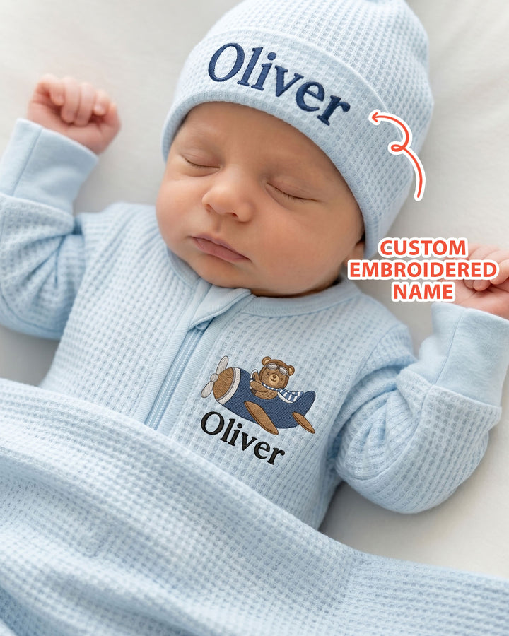 Personalized Pilot Bear Embroidered Waffle Bamboo Zipper Footie