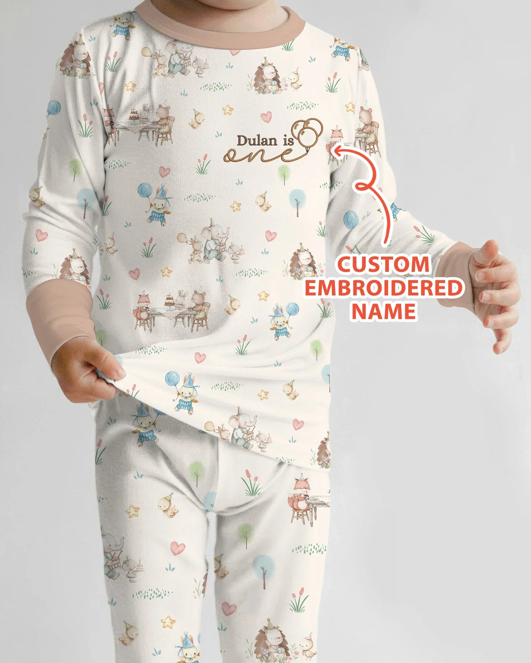 Custom Embroidered Name Birthday Baby Bamboo Two Piece Long Sleeve Pajama Set