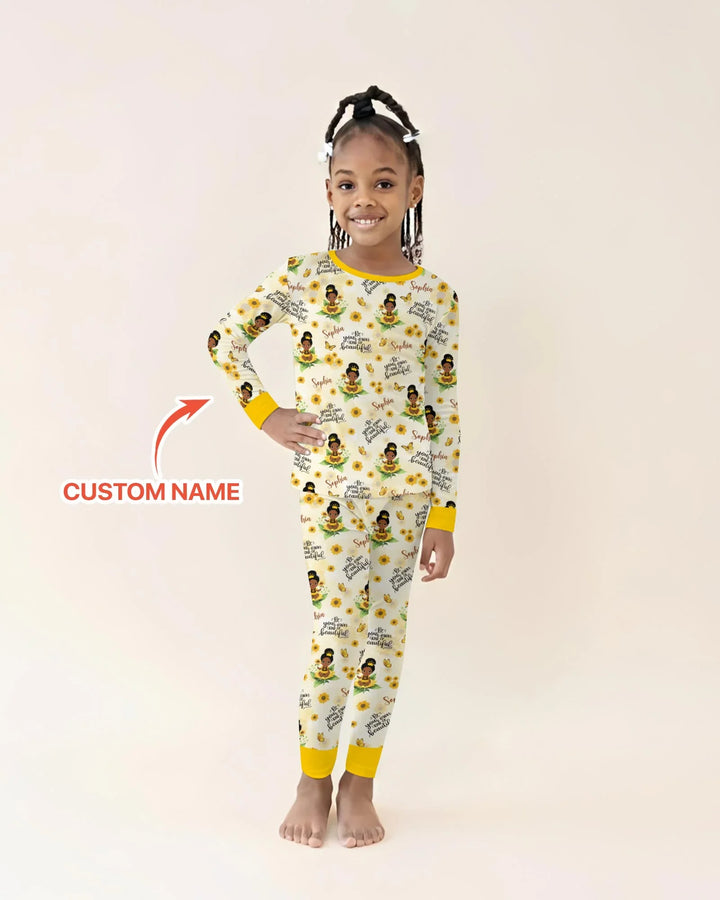 Custom Name Sunflower Queen Bamboo Two Piece Long Sleeve Pajama Set