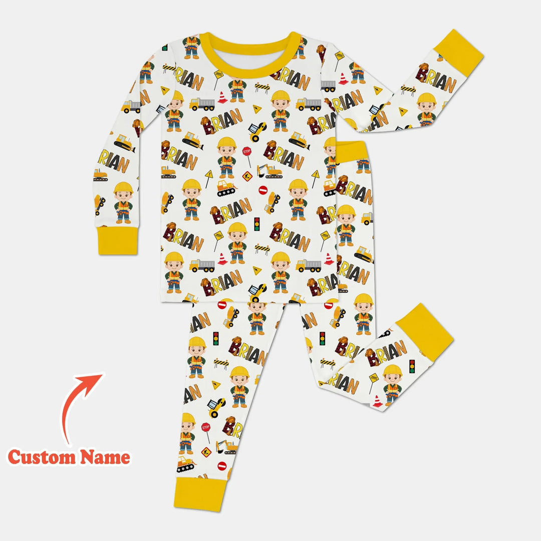 Custom Name Doodle Little Builder Bamboo Two Piece Long Sleeve Pajama Set