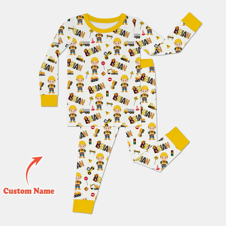 Custom Name Doodle Little Builder Bamboo Two Piece Long Sleeve Pajama Set