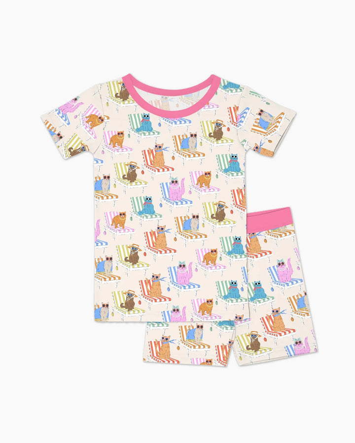 Meow Sunbathing Mommy & Me Matching Bamboo Two Piece Short Sleeve Shorts Pajama Set