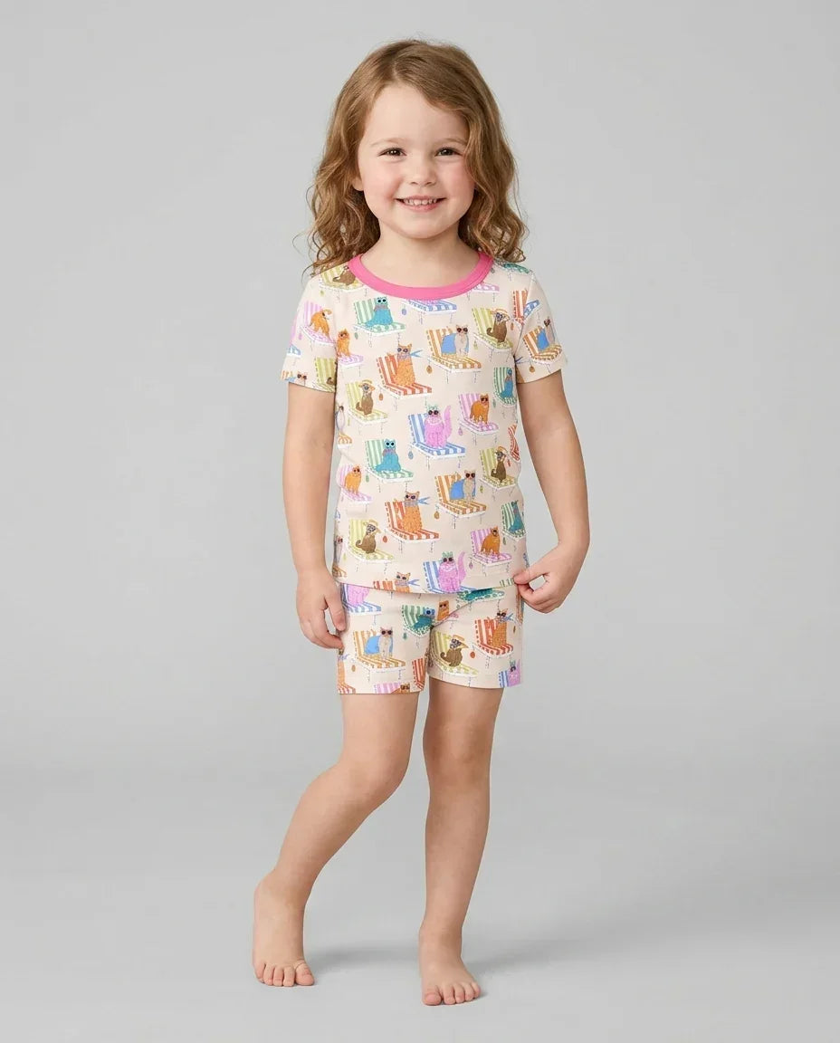 Meow Sunbathing Mommy & Me Matching Bamboo Two Piece Short Sleeve Shorts Pajama Set