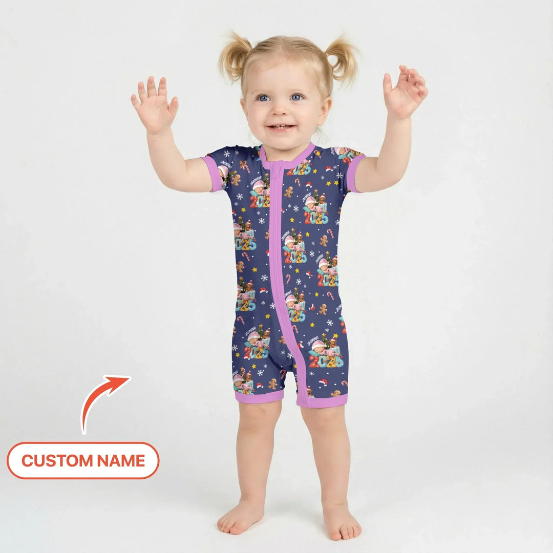 Custom Name Baby Girl's First Christmas Bamboo Shorty Zippy