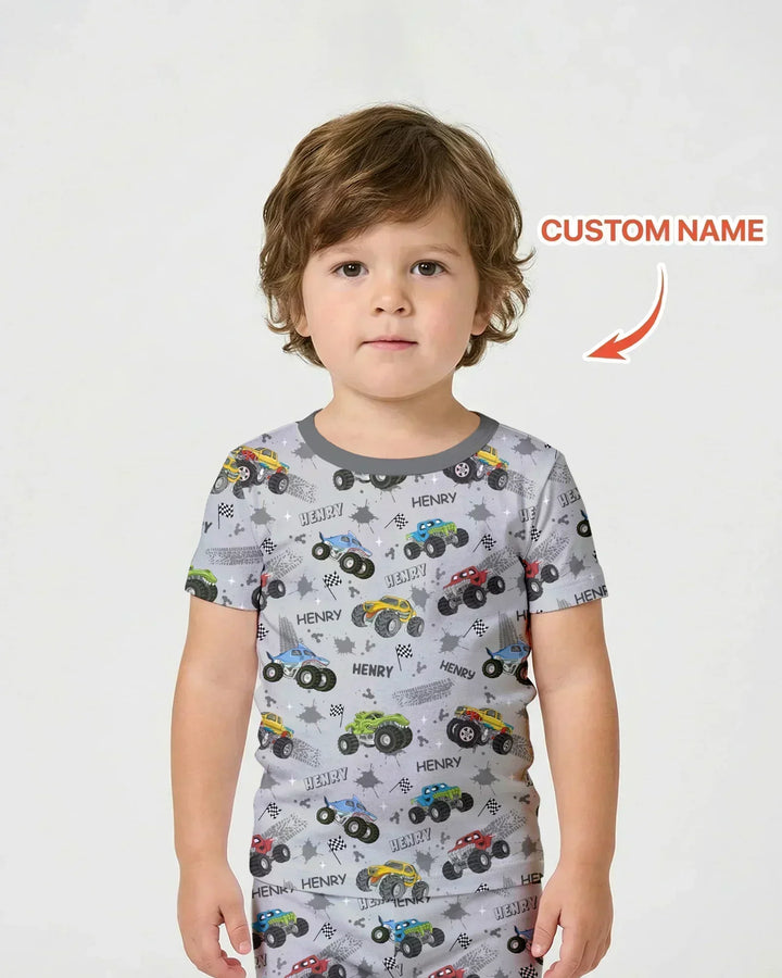Monster Truck Dirt Jam Custom Name Daddy & Me Matching Bamboo Two Piece Short Sleeve Shorts Pajama Set