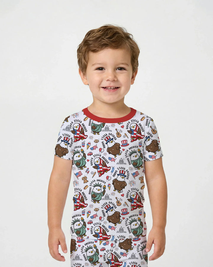 Happy 250th America Cute Patriotic Eagles Family Matching Bamboo Two Piece Short Sleeve Pajama Set