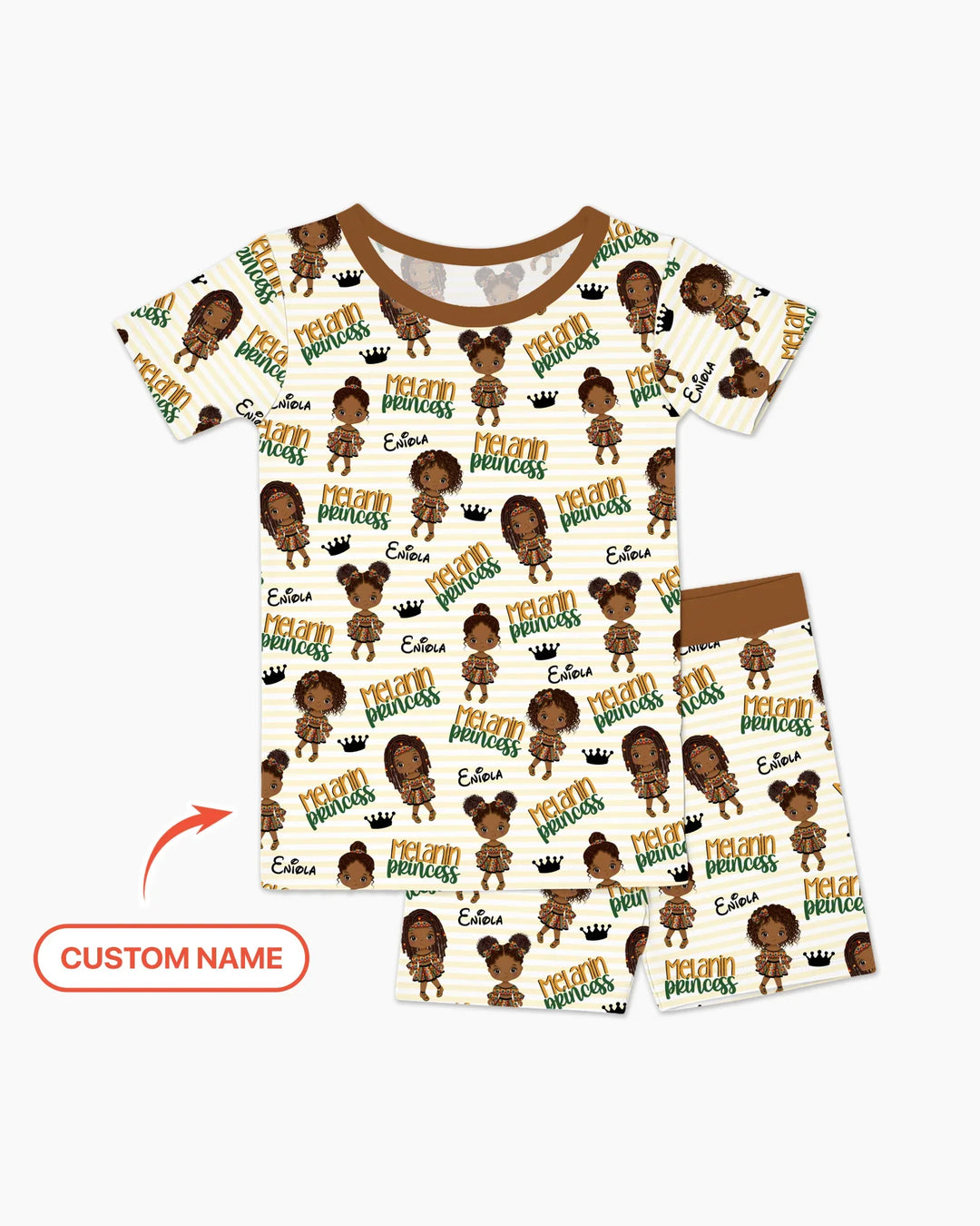 Custom Name Melanin Princess Bamboo Two Piece Short Sleeve Shorts Pajama Set