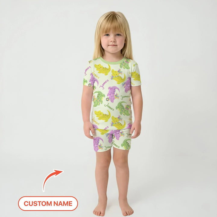 Custom Name Mardi Gras Alligator Bamboo Two Piece Short Sleeve Shorts Pajama Set