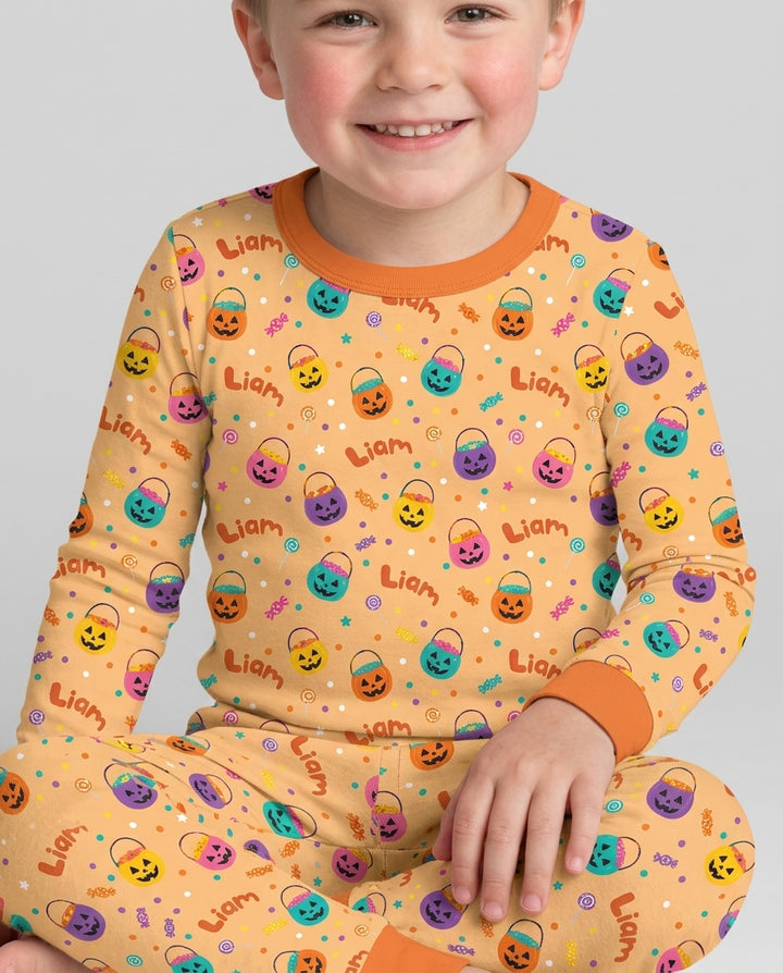 Custom Colorful Trick Or Treat Halloween Candy Bag Bamboo Two Piece Long Sleeve Pajama Set