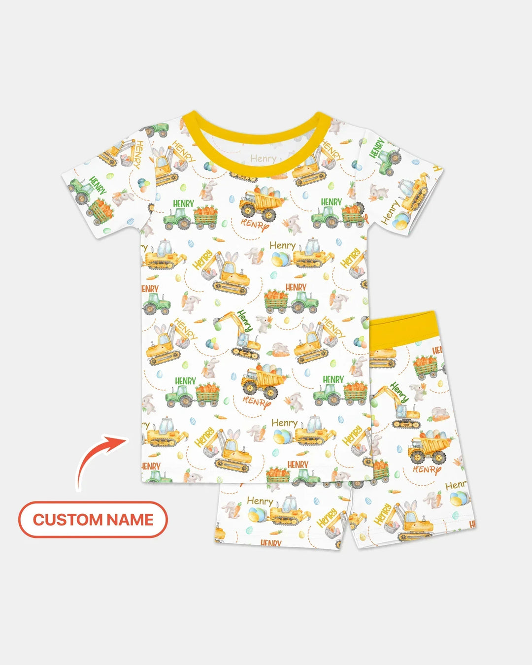 Easter Construction Vehicles Custom Name Bamboo Two Piece Short Sleeve Shorts Pajama Set