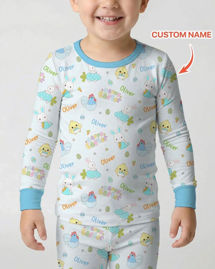 Custom name Happy Easter Bamboo Two Piece Long Sleeve Pajama Set