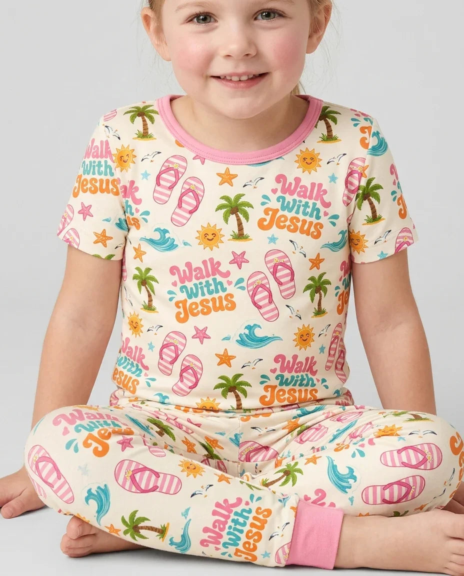 Groovy Summer Walk With Jesus Bamboo Two Piece Short Sleeve Pajama Set