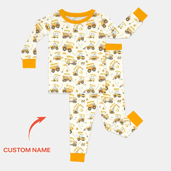 Constructions Machines Custom Name Bamboo Two Piece Long Sleeve Pajama Set