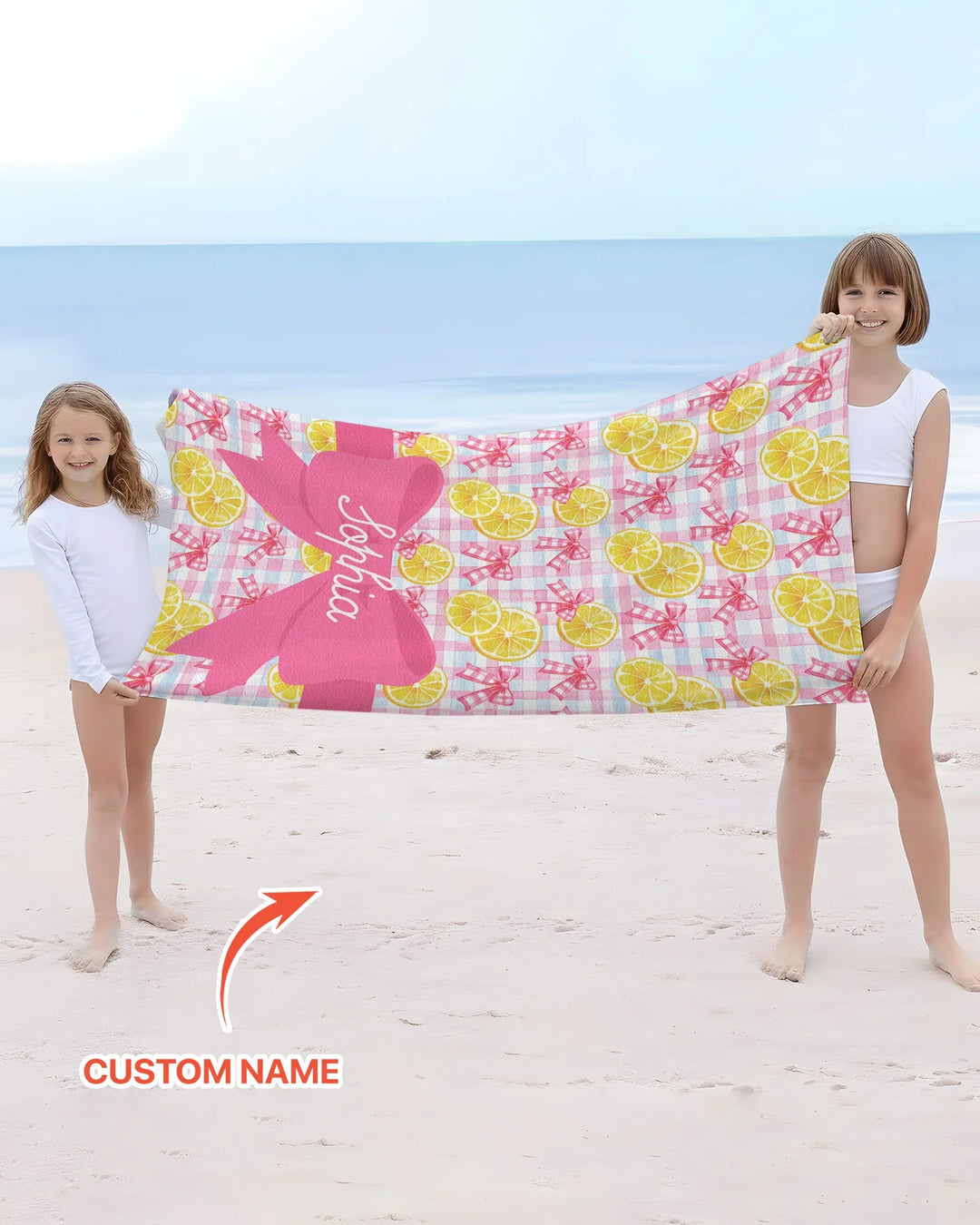 Custom Name Pink Lemons Bows Checkered Bamboo Beach Towel