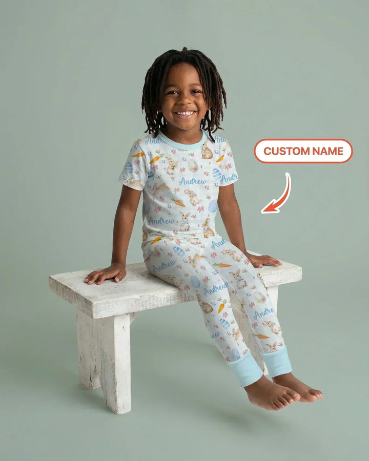 Custom Name Bunny Garden Bamboo Two Piece Short Sleeve Pajama Set