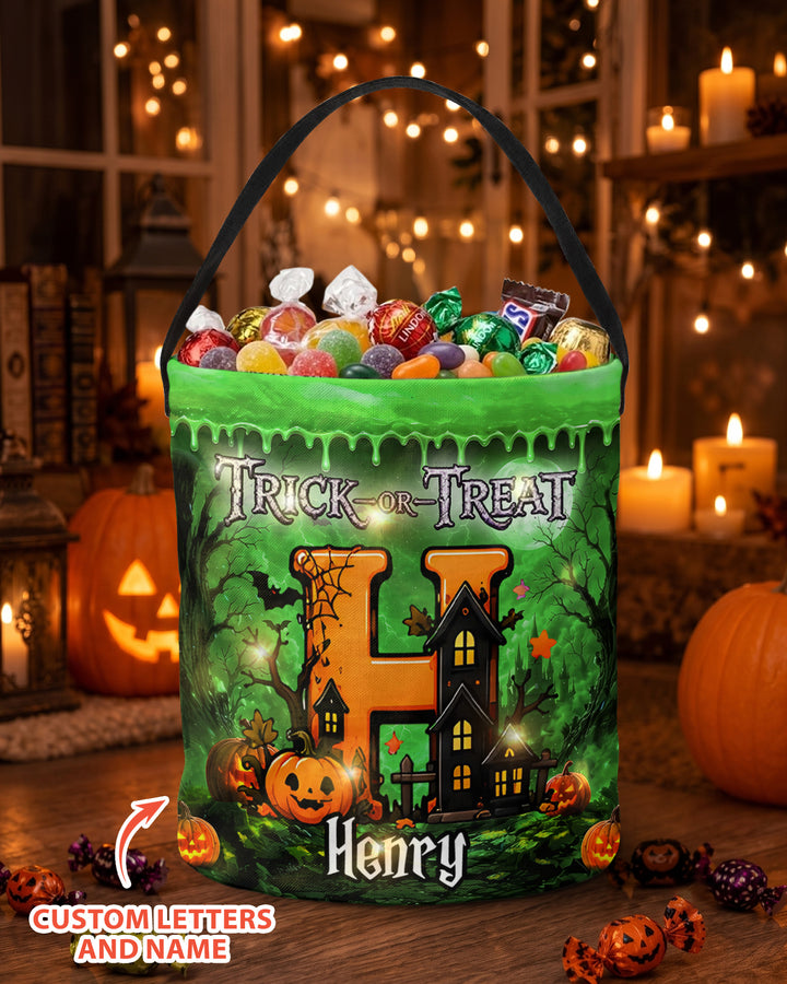 Halloween Initials Spooky Ghost Trick Or Treat Led Light Bucket Bag