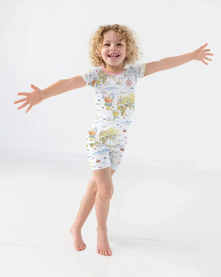 Whimsical World Map Family Matching Bamboo Two Piece Short Sleeve Shorts Pajama Set