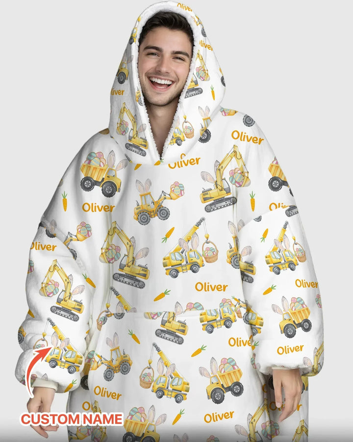 Custom Name Eggs-cavator Construction Bamboo Blanket Hoodie