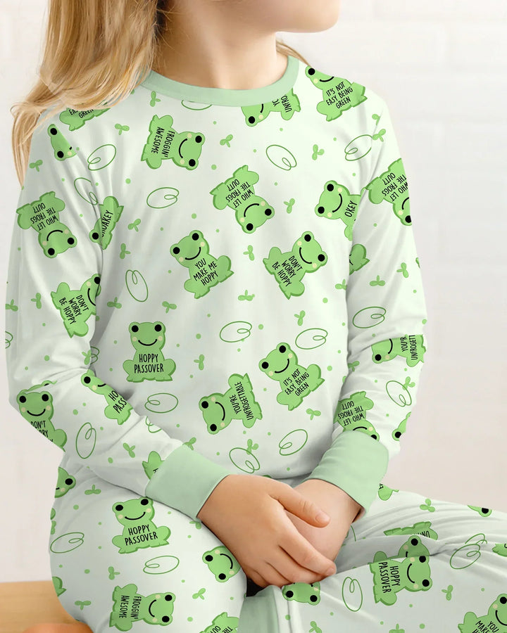 Marzipan Passover Conversation Frogs Bamboo Two Piece Long Sleeve Pajama Set