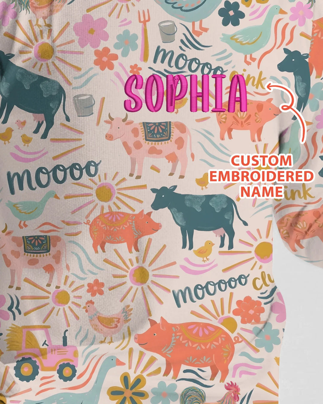 Custom Name Embroidered Colorful Farm Life  Bamboo Two Piece Long Sleeve Pajama Set