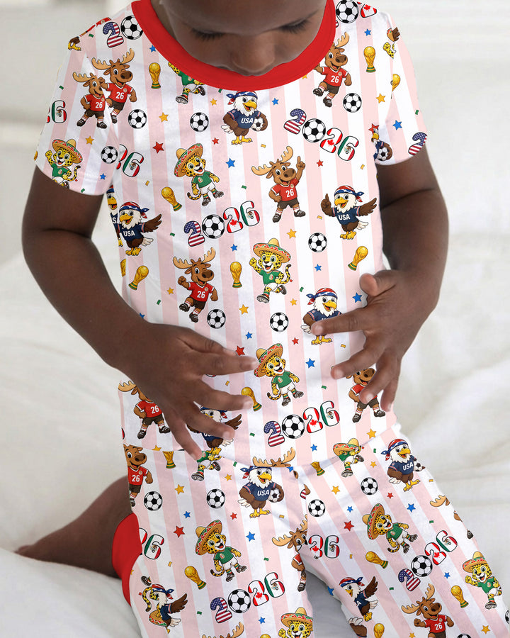 Striped Cute Mascots Soccer Cup 2026 Bamboo Two Piece Short Sleeve Pajama Set