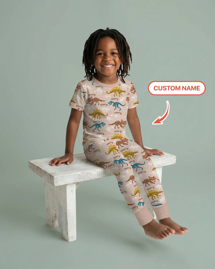 Dino Bones Parade Custom Name Bamboo Two Piece Short Sleeve Pajama Set