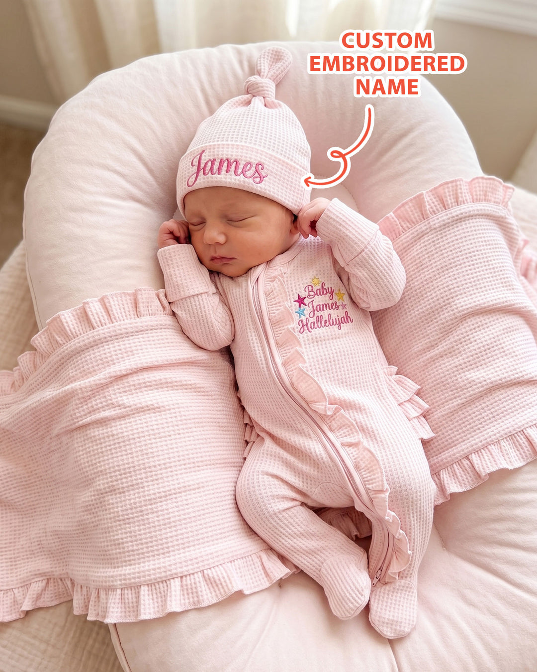 Personalized Baby Hallelujah Embroidered Waffle Ruffle Bamboo Zipper Footie