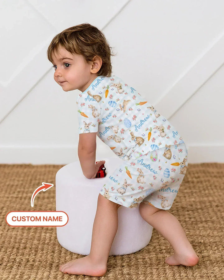 Custom Name Bunny Garden Bamboo Two Piece Short Sleeve Shorts Pajama Set
