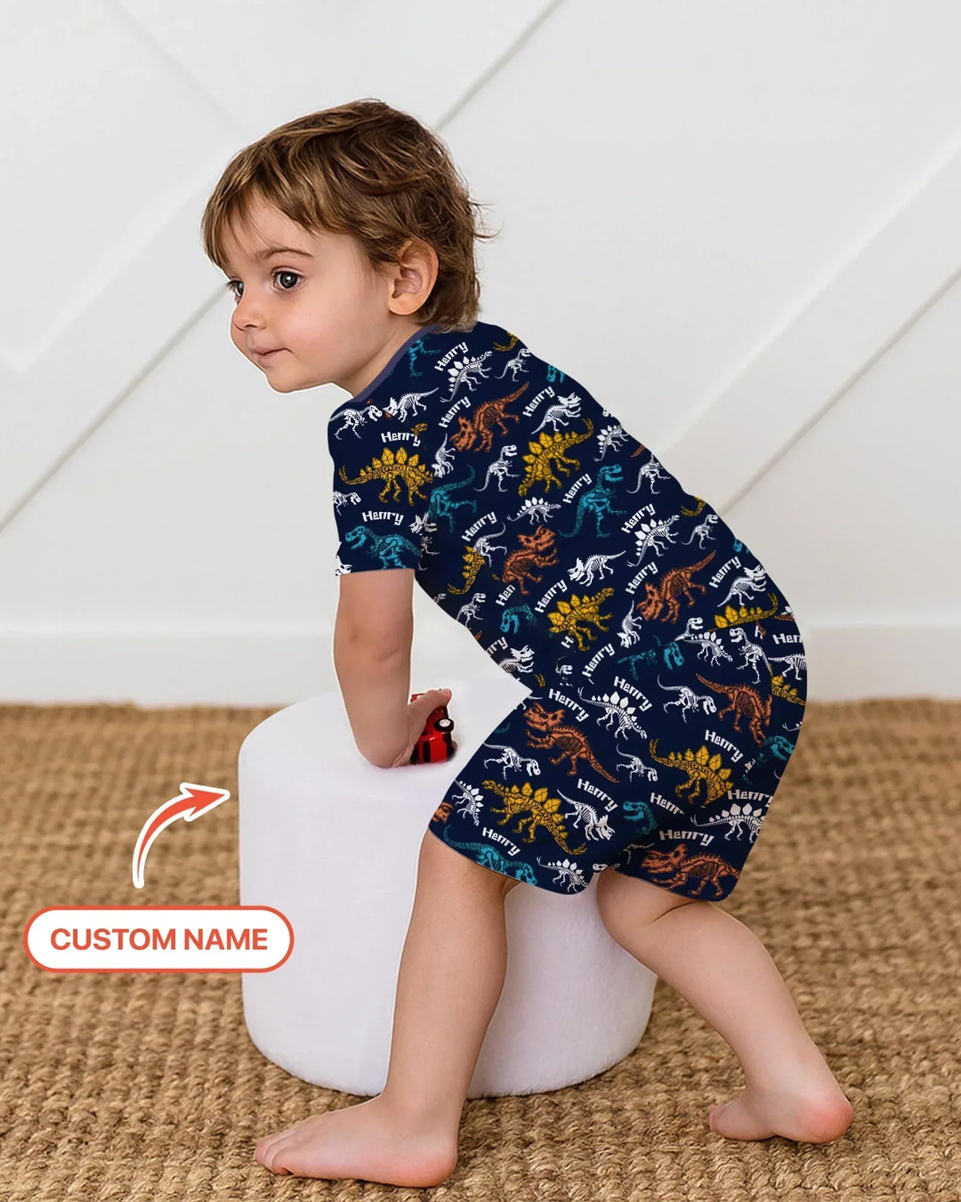 Dino Bones Parade Custom Name Bamboo Two Piece Short Sleeve Shorts Pajama Set