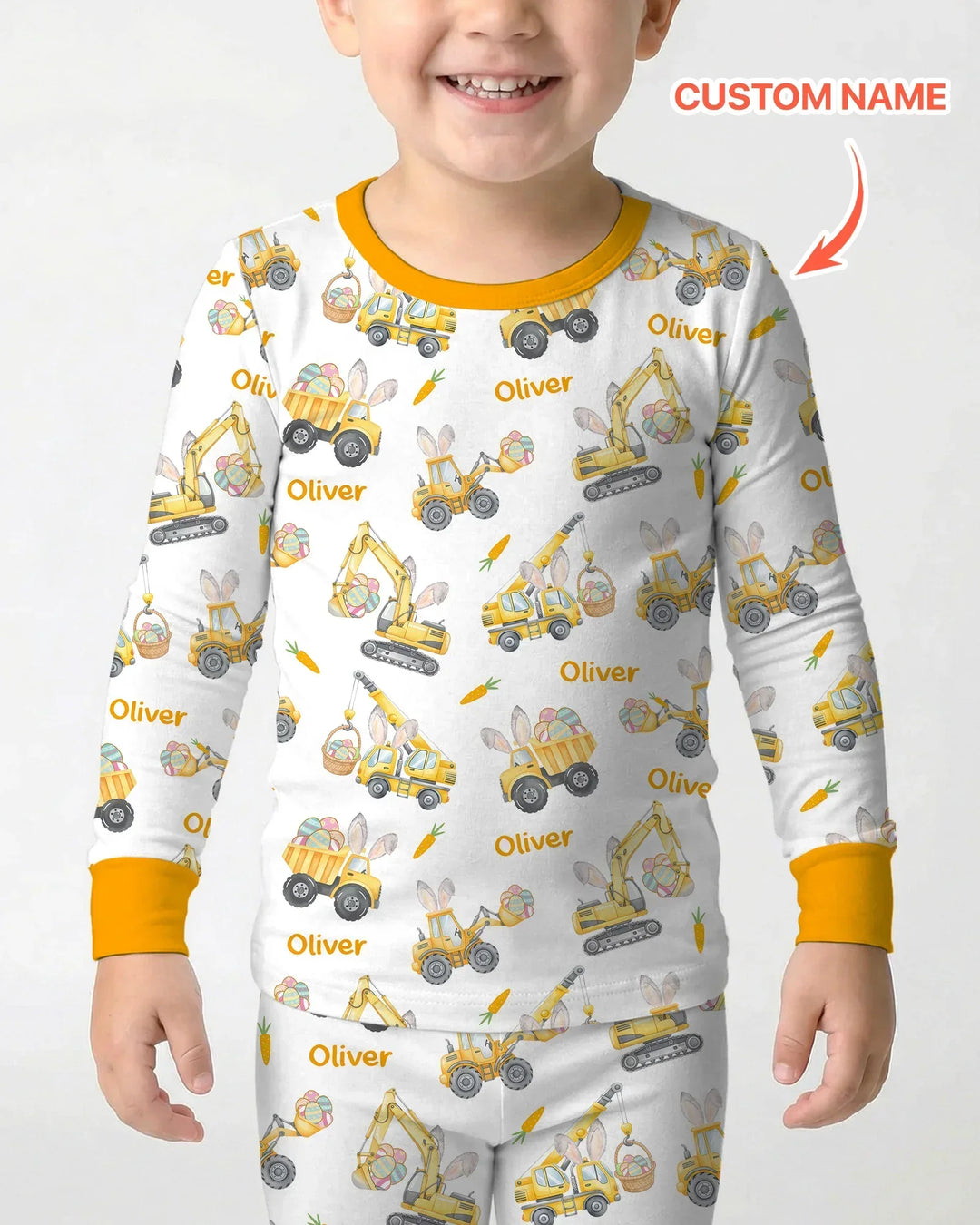 Custom name Eggs-cavator Construction Bamboo Two Piece Long Sleeve Pajama Set