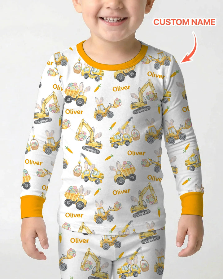 Custom name Eggs-cavator Construction Bamboo Two Piece Long Sleeve Pajama Set